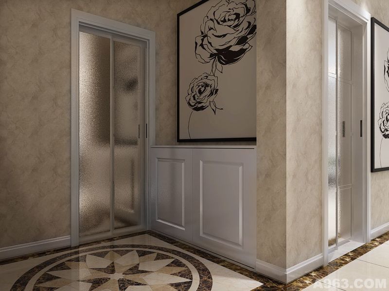 门厅，地面做了拼花处理，让人眼前一亮，墙面的牡丹挂画，也展现了本土特色。