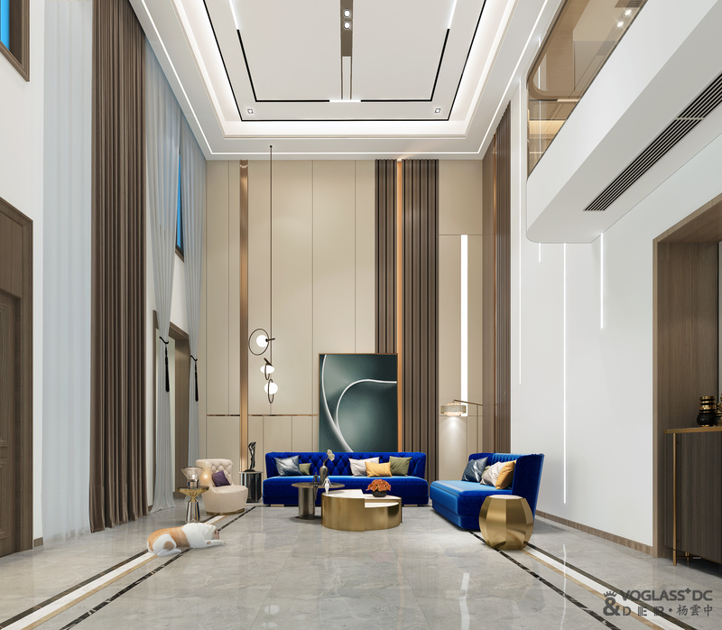 客厅  
一楼为家庭共享空间，入户后选材克制、用色纯粹，强化大宅的归家第一视觉与礼序。