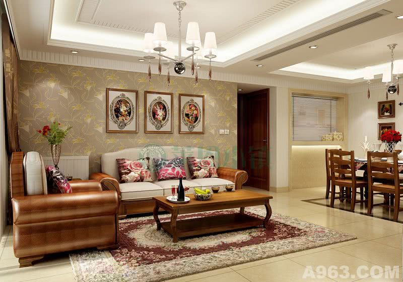 客厅整体设计大方、优雅、的色调，酝酿出一种低调的奢华，实木家具沉稳有力而不失美感，尽显雍容华贵。
