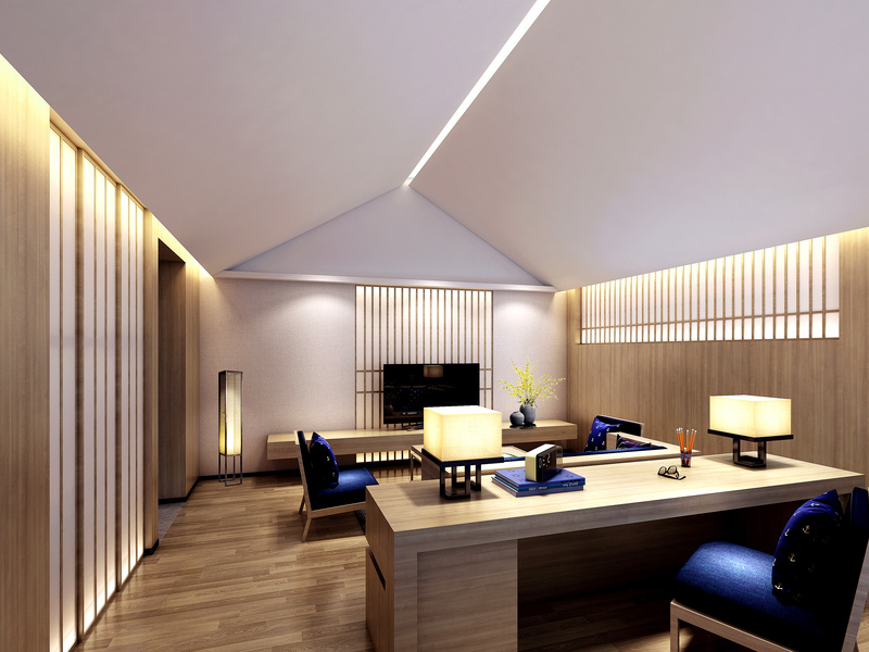 客房区的客厅，整个空间以日式的简约 休闲为设计理念延续整个空间