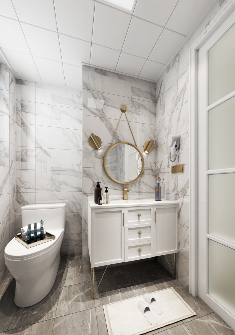 卫生间主要采用白色系大理石，整体看起来干净清爽。