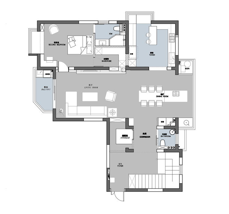 一层平面规划：1、优化进门过道区域，将原本的长廊空间再利用，增加了一间储藏室；
2、调整楼梯的方位于门厅，将动线简化，同时与玄关一体形成入户的自然定焦点；
3、厨房与餐厅位置进行对调，并且扩大餐厅使用面积；
4、结合客厅空间电视背景墙，将次卧的进门进行改动，对卧室空间重塑，使其配置独立的卫生间和衣帽间。