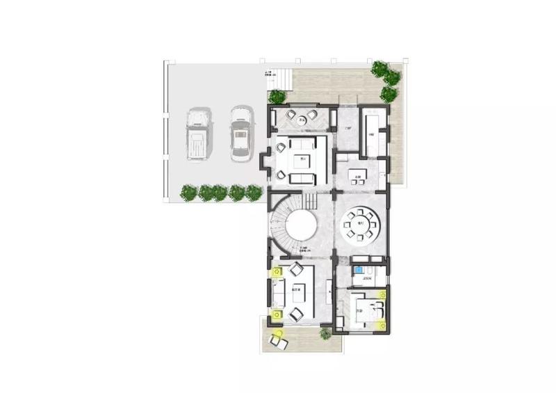 1F平面规划图

一层客厅把外门廊纳入室内，门厅和厨房向北做了延伸，将厨房拆分为中西兼具两个厨房，并把入户平台往北扩展一部分，设置了成为入户花园。