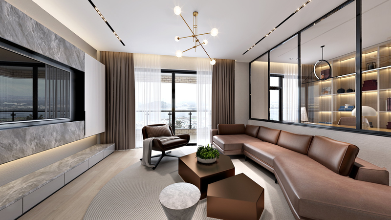 客厅家具方面采用色调和金属元素点缀，营造平静而不失时尚氛围。