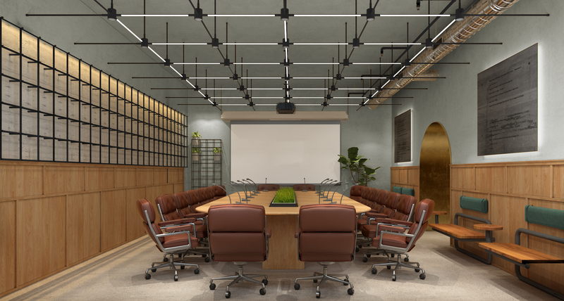 会议室整体风格偏古典，突出庄重的感觉。灯具对于工业风空间起到画龙点睛的作用，采用金属做旧工艺，能很好的提升氛围。