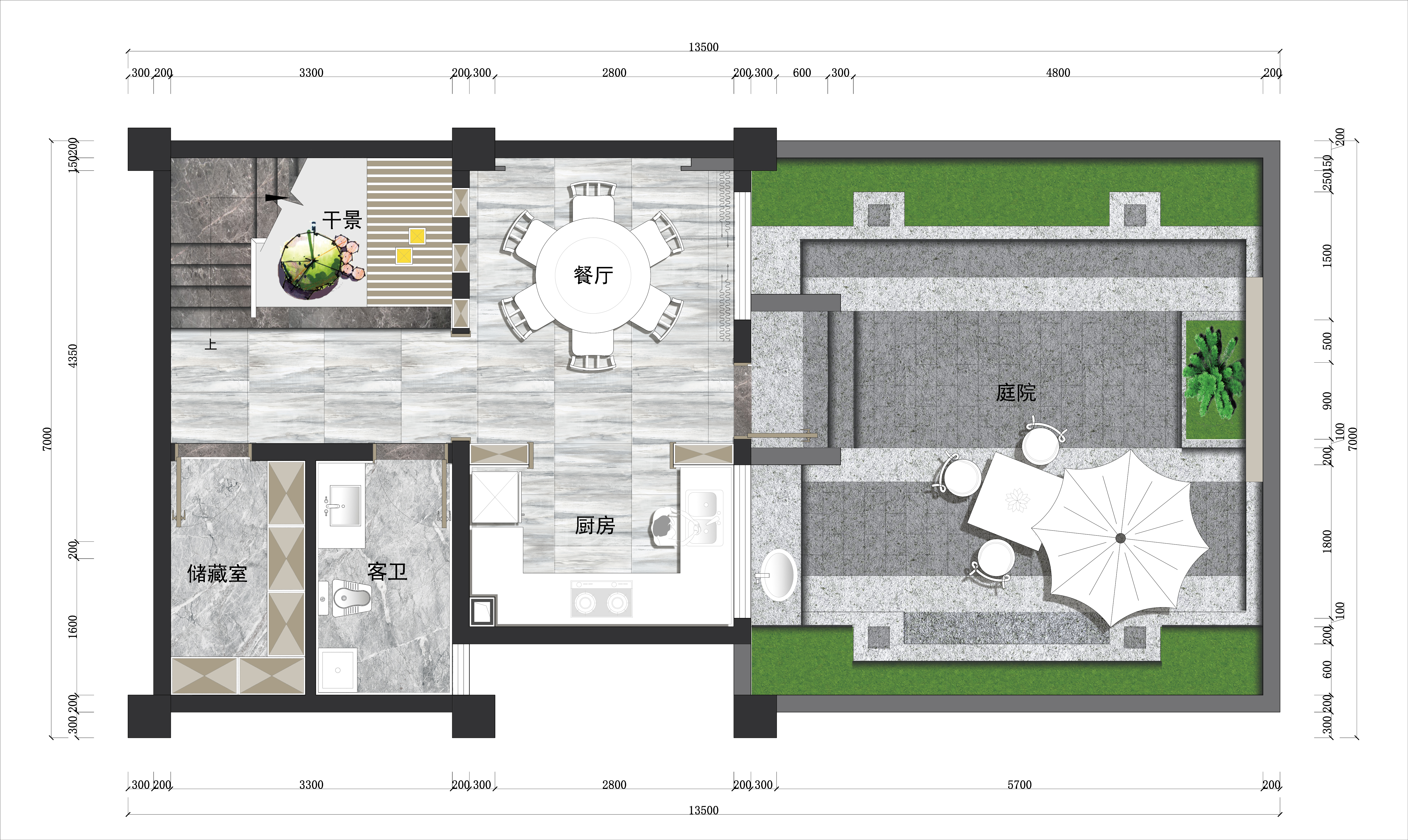 一层平面图     独立式中式庭院，厨房餐厅和会客厅分离，都是该户型的亮点
