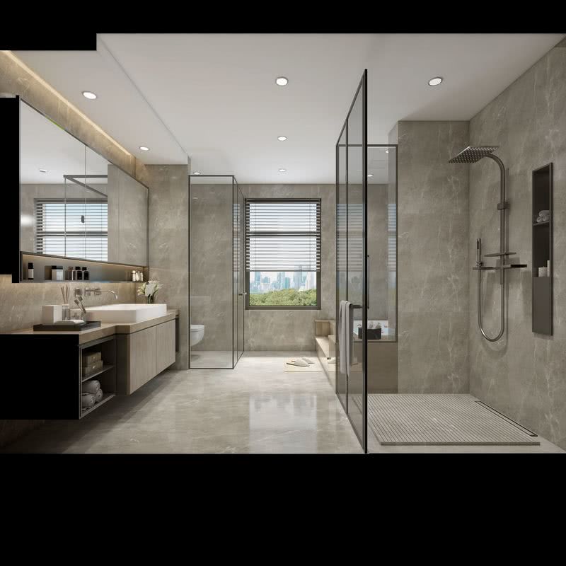 主卫的设计删繁就简，大量采用了深色拉丝不锈钢材质。淋浴房采用了安全玻璃设计，全部受力支点都在型材框架之上，透漏着对高品质生活的理解和尊重。
