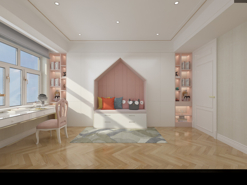 作为孩子的书房，大面积白色配合粉色点缀，迎合孩子的喜好。