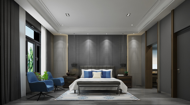 主卧室中大地灰作为主色彩，几抹优雅的蓝调介入，共同定义居住格调的简雅舒然。