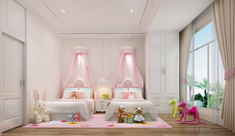 双胞胎女儿的房间，以可爱的粉的为主调，满满的展现的父母对孩子的无限宠爱。