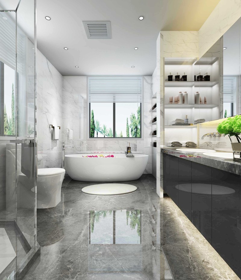 卫生间使用黑白灰三个颜色，使得整体空间干净整洁，不失层次