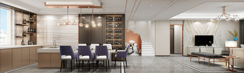 当下最流行的餐椅、设计师款艺术餐厅吊灯、木制感低调的酒柜，蓝金沙的理石背景墙，加上柔和精美的餐具、，打造出一个温馨有质感、高颜值的用餐空间