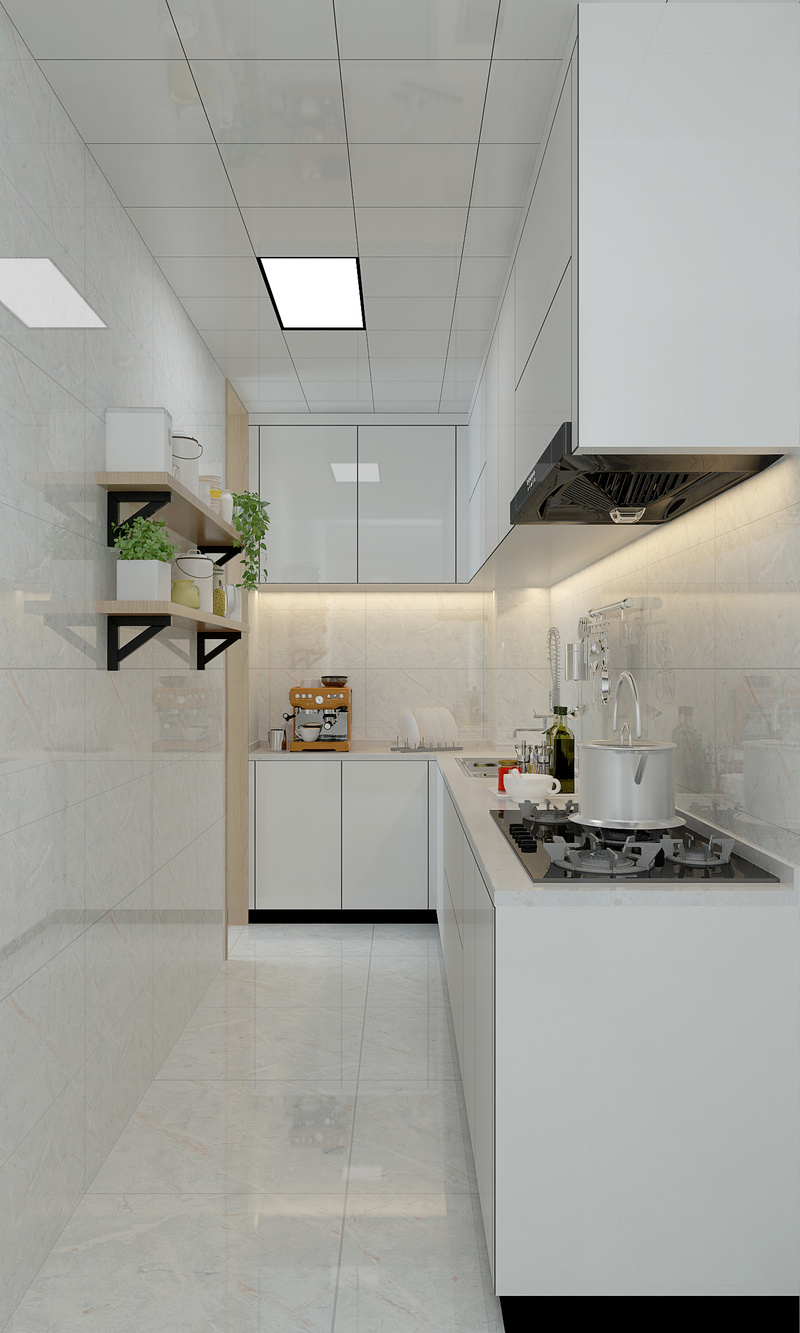 厨房间利用户型，做成L形橱柜，与原来的一字形面积差不多，却多了很多储存的空间，整个空间采用白色为主色调，即显得干净大方，又温馨可人。