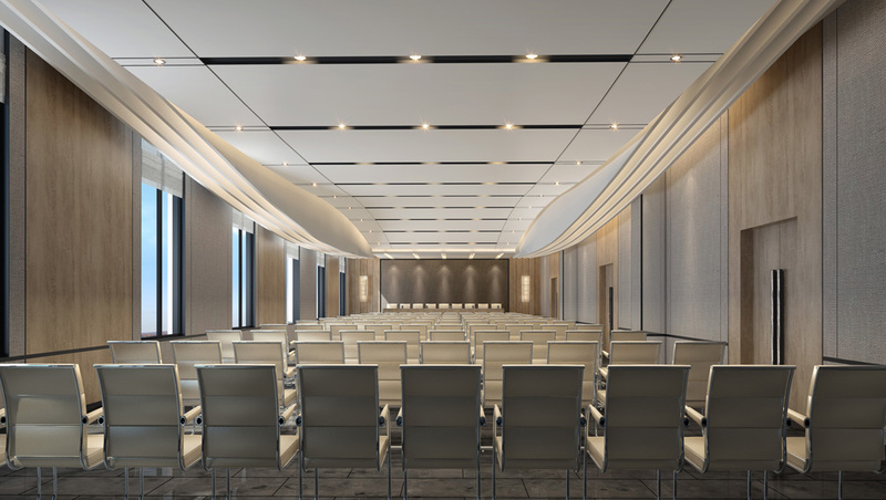 企业办公总部多功能厅天花流畅的造型，使沉稳质朴的空间有了一份灵动之意。
