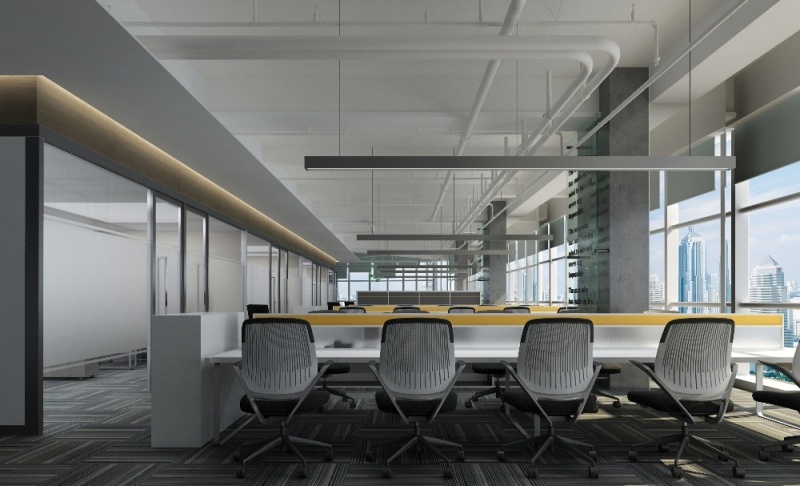 开放办公区：中洲控股金融中心办公室设计项目采用现代简约的设计风格，空间宽敞舒展，简洁而有空间层次。