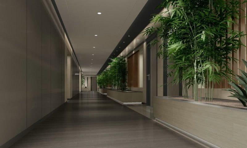 走廊：中洲控股金融中心办公室设计项目采用现代简约的设计风格，空间宽敞舒展，简洁而有空间层次。