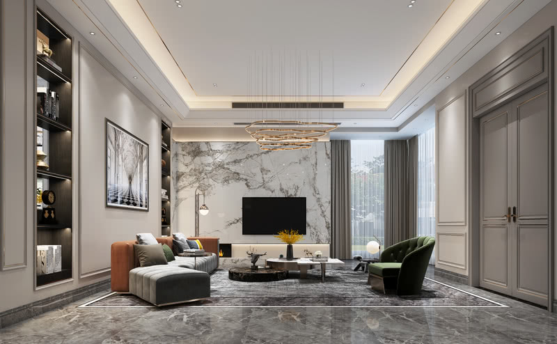 客厅，因不完整的立面，通过视线延伸，石材的自然纹理，给不完整做出整体性。