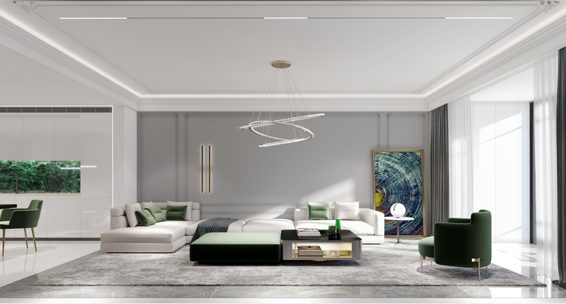 客厅

生活需要稳重安定，但若仅止于此未免又过于单调，客厅中用以朴素温和的灰色作为主调，与清新自然的绿色作为搭配，让生活多了一丝舒适宁静的气息。