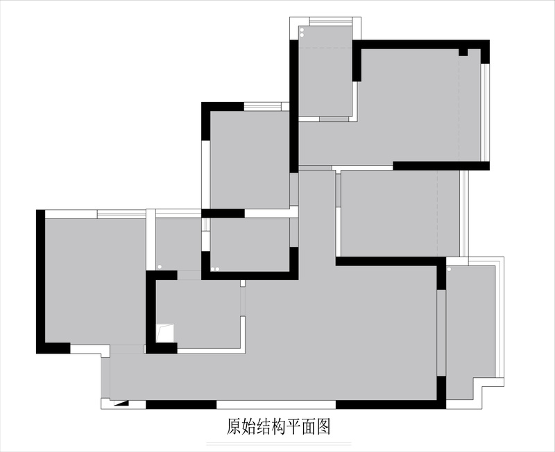 原始结构平面图
原户型缺点：  
1，原建筑89平加,赠送有4间卧室，但每个空间都很小；
2，入户没有玄关,收纳不方便；
3，厨房与生活阳台空间较小，满足不了正常使用；
4，主卧面积局促,无法放置1.8米的大床。