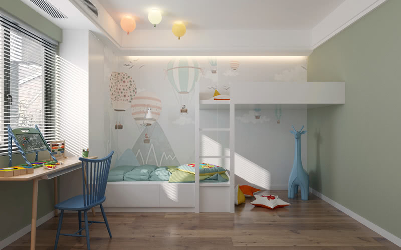 高低床组合，热气球墙布，气球灯形成的空间趣味性。