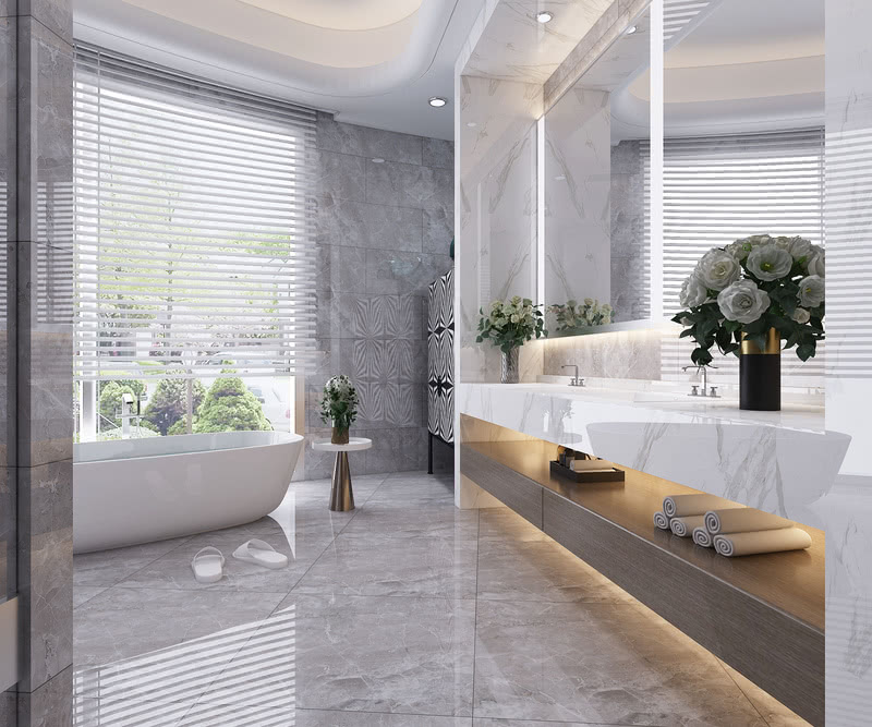 卫生间 / Bathroom：

在这里，不同的角度都会体验到空间的变化。大理石材质的墙面与洗手台形成疏密、明度、肌理的多重对比。灯带勾勒着空间的形态，柔和、安静且神秘。透过窗外我们可以看到宜人的海景，指引人们探索和体验更多的空间。