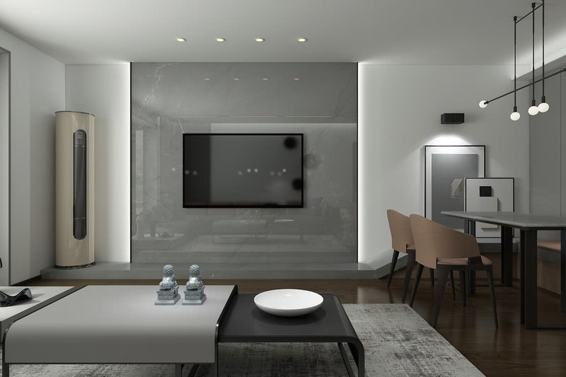闪电灰石材做电视墙增加空间厚重感不单薄，整体空间更显品质。