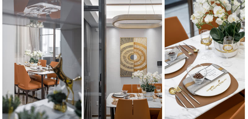 客厅位置与餐区位置平行，通过门廊过渡，具有较好的协调性，厨房与其连通处设计玻璃拉门，可以适当调整进光量和空气的流速，同时保证了其良好的尺度，使其具备较好的空间体验。