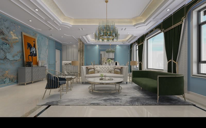 客厅在家具配置上，使用白色与绿色的布艺沙发，独特颜色搭配使家具倍感时尚，而且配上圆形小茶几，与沙发颜色一致的小桌椅，整体搭配看起来独特突出，具有舒适与美观并存的享受。