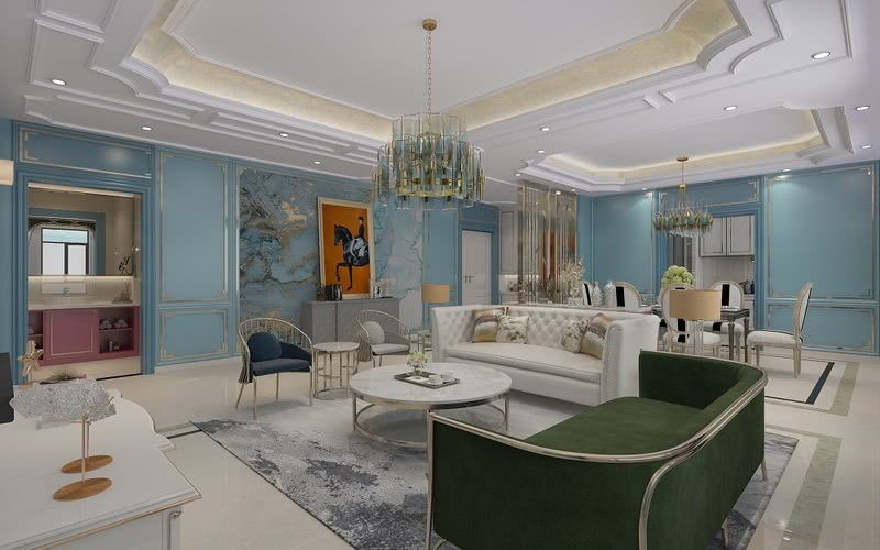 客厅在颜色的配饰上，延续了白灰蓝的色调，整体空间以简洁的造型、细致完美的细节，精致小巧的摆件，把客厅营造出时尚前卫的感觉。