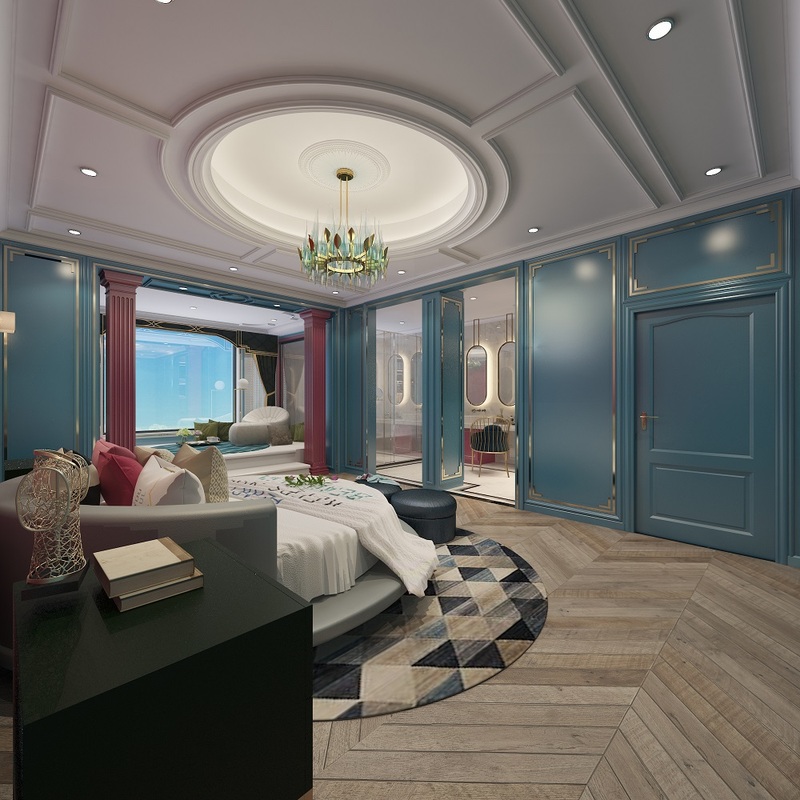 主卧空间宽敞大气，主色调使用了白蓝红，圆形的床是最大的亮点，独特有新意，地毯更是增添了一抹自然，房间大局部点缀淡蓝色，添加了卧室空间浪漫的气氛。
