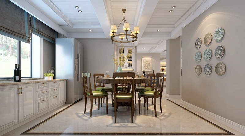 餐区原木色基调搭配灰白色，简约浪漫，顶面圆形吊灯和瓷砖互为补充，“方圆”之间和谐共处。