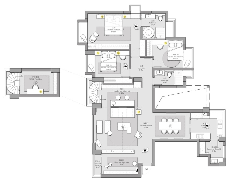 改造后：
打通生活阳台，给予厨房和餐厅更大的空间，协调客厅和餐厅的比例，让空间关系更加和谐。
客厅与 楼梯间打通，利用玻璃隔断来进行空间的区分，客厅通透、大气。
主卧与小房间合二为一，原有主卫区域给到卧室，小房间给到主卫，更大程度的把舒适性给到主卧。
二楼的独立空间作为书房来使用，在家办公也可以保证环境的隐私。