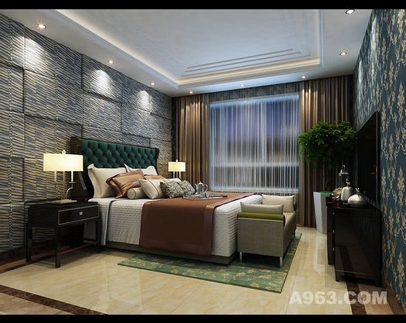     主卧仿照星级酒店采用多层次立体式辅助光源，床头背景墙采用一整面硬包造型，具有极强的装饰性，同时还具有吸音、隔音的功能。
