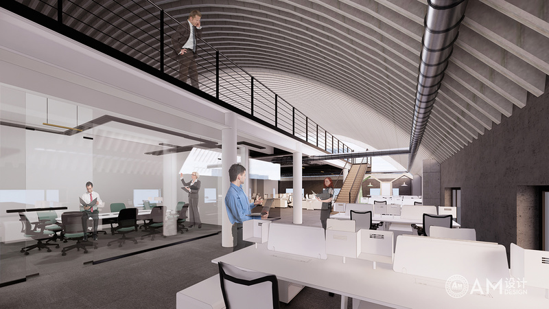 白色裸顶的办公空间，进行设计上的精简，给予给质朴的企业办公环境。