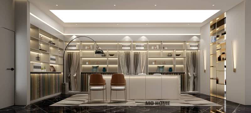 室内的自由空间带给顾客提供多面而具有艺术性的选择，明暗交错的色彩组合、不同的设计风格变换、精心筹备的材料展示在店面一目了然，打造一个具有独特性与整体感的新式窗帘店。
