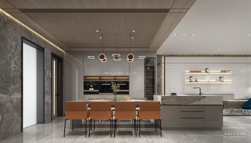 餐厅延续了客厅的设计风格，与之相互呼应搭配，拉伸了客厅的视觉角度，没有阻隔感，达到空间互动的效果。