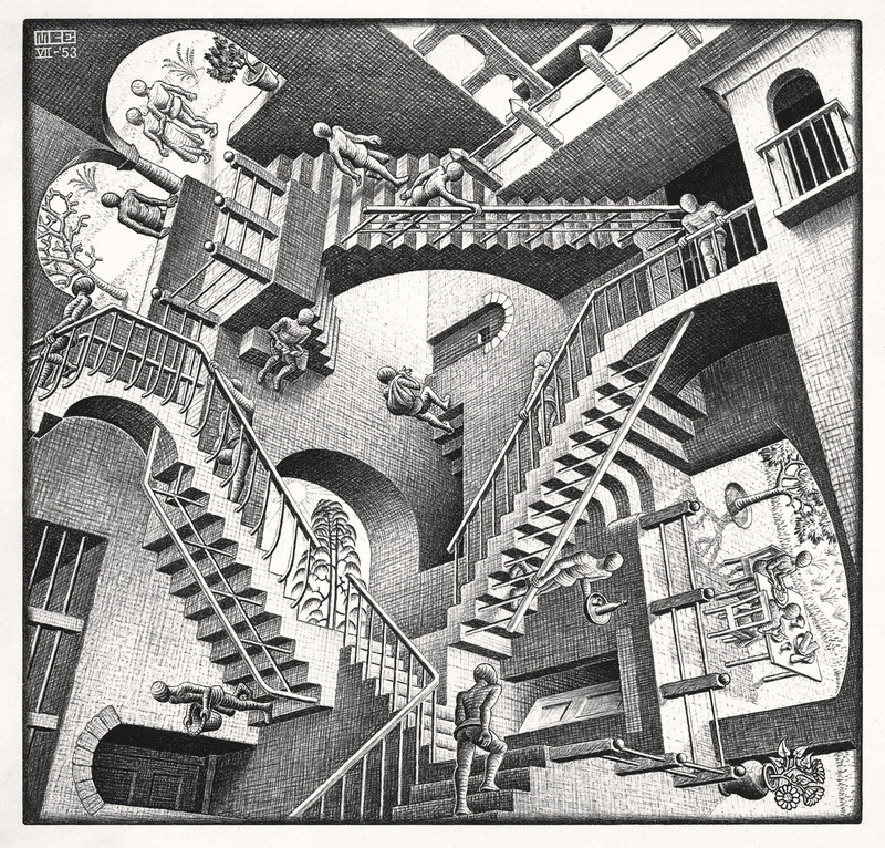 ▲埃舍尔作品：相对性
空间中以哲学的精神表达，引发人们对未来的思考。平行宇宙概念的提出，得益于现代量子力学的科学发现。埃舍尔的经典画作：相对性，在现实中是无法实现的，整个画面的楼梯向各个方向延伸。回到现实沙龙空间的楼梯，设计师分两部分，一部分功能，一部分概念。功能到达二楼楼板，概念是有两个部分：向上走，向下走。达到空间的完美平行，永不相交！矛盾的楼梯，有上有下，有高有低，有真有假，有实有虚，这就构成了我们这样真实的世界。既要满足功能需求，又要创造美的效益，这也是本案设计的独特之处：创造商业空间的精神内涵！  
