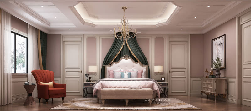 女儿房同样采用对称手法，粉色壁纸与白色护墙、红色沙发与公主床的结合，无不满足了女孩们对梦想中的公主房的向往。