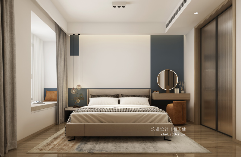 打破卧室空间“床+床头柜+衣柜”的固化印象，主卧以层层分明的形式展现，让居住者在视觉和心理上获得满满的安全感。更改衣帽间的朝向以长虹玻璃打造，增强空间通透感的同时，也使得空间关系更为密切。