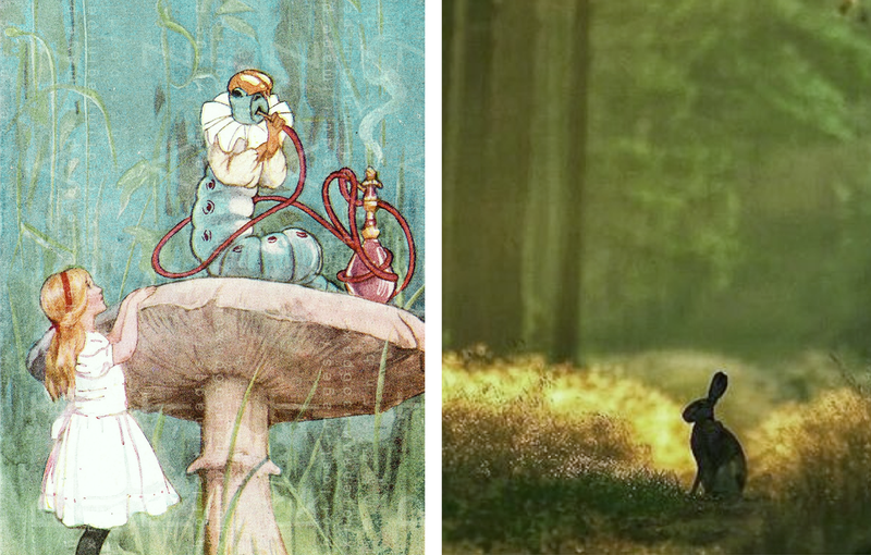 左：爱丽丝梦游仙境插图 / 右：设计意向图
