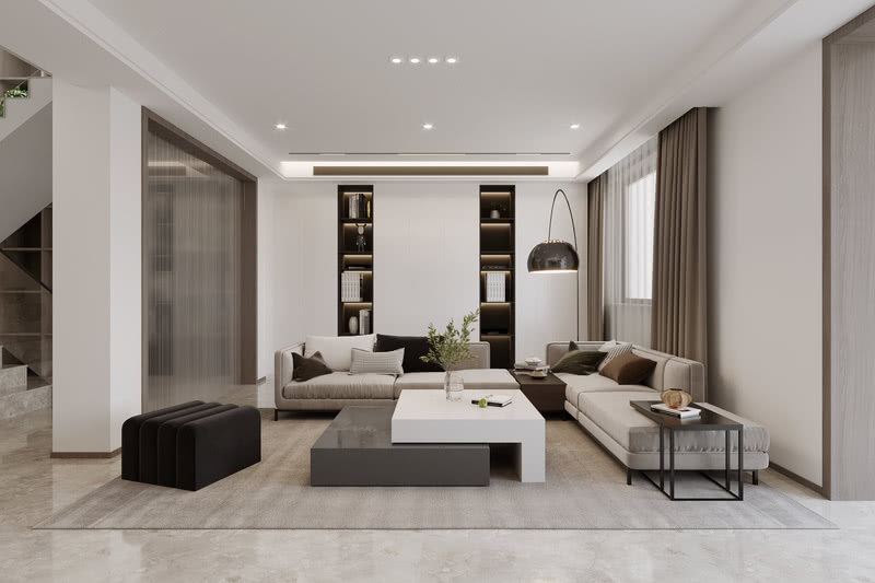 客厅整体布置简洁而舒适，米色的布艺沙发搭配极简设计的茶几，色调和谐统一，打造了质朴而温暖的空间氛围。