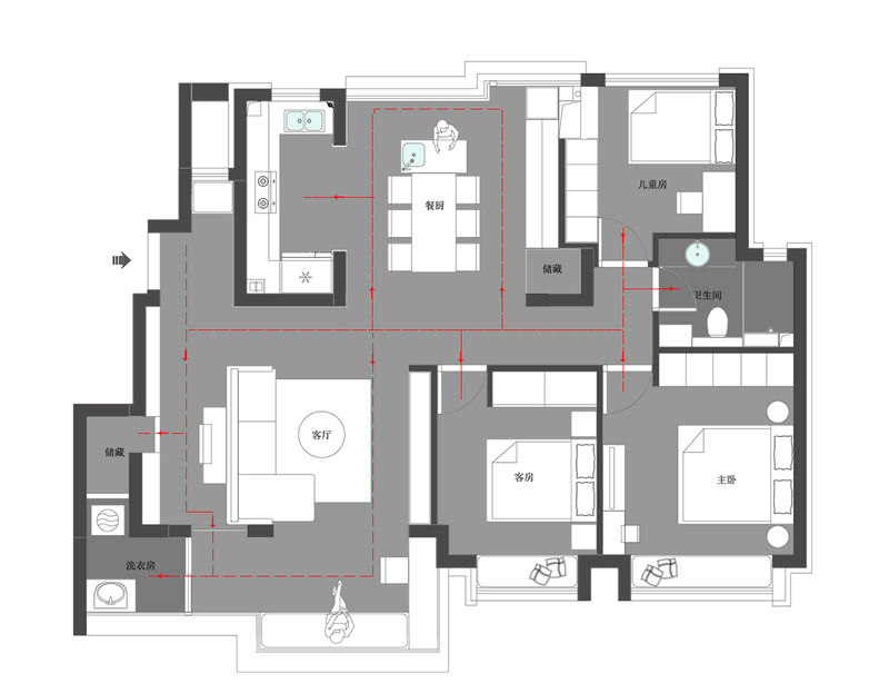 改造后平面布局图 
保留三个卧室，将南北露台重新搭建，纳入室内空间使用，提升功能使用性。开放式设计，南北通透，宽敞明亮，动静分明，动线合理。 
1、将南北露台纳入室内，原始客餐厅空间变成独立的客厅区域，空间更宽敞； 
2、南露台一分为二，一部分和客厅结合在一起，增加室内空间感，打造成了休闲、工作区。一小部分作为洗衣房使用； 
3、改变原厨房门的位置，结合北露台，打造开放式餐厨一体形式，餐厅设计岛台+餐桌； 
4、儿童房借用部分露台空间，增加使用功能；次卧是父母房，也借用部分客厅空间，增加使用面积； 
5、卫生间借用儿童房部分面积，设计干湿分离，使用更舒适方便。
