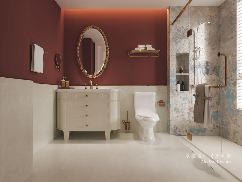 主卫巧妙运用了色彩，与金色的椭圆形雕花浴室镜、毛巾架、淋浴花洒完美搭配。独立洗浴空间，更让日常起居生活舒适从容，彰显出业主精致的品味。
