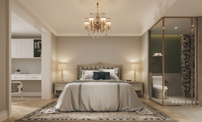 以白色和浅灰色两种简单的色彩，辅以些许灰绿色软装，来表达整个次卧空间的安静、平和。