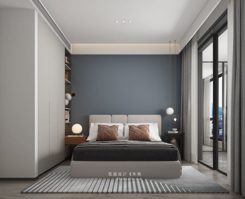 次卧室以蓝灰色为主，给父母居住造就沉静的睡眠环境。