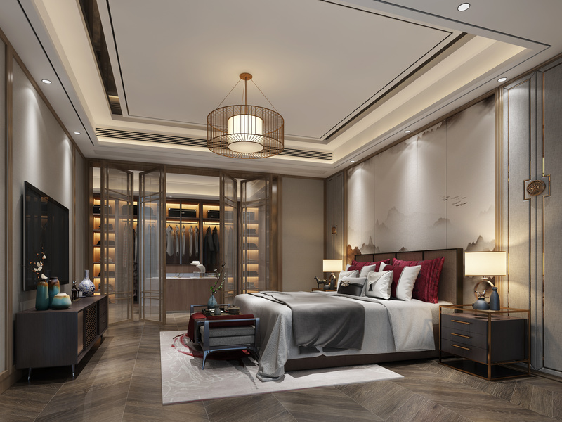 开放式的大衣帽间。联通主卧室的空间布局，利用材质和灯光加上酒店式的设计手法，表现大宅风范。