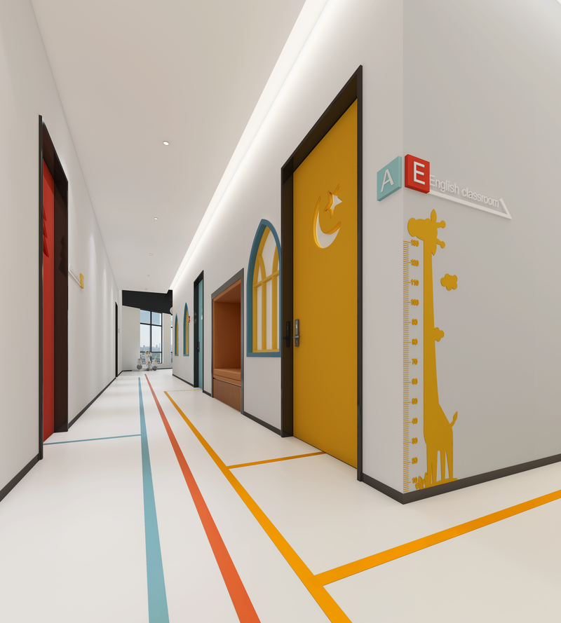 走廊 | corridor      

人性化的交通空间设计,色彩分明的导引带及教室符号标志在过道单色墙壁的衬托下，显得格外醒目。