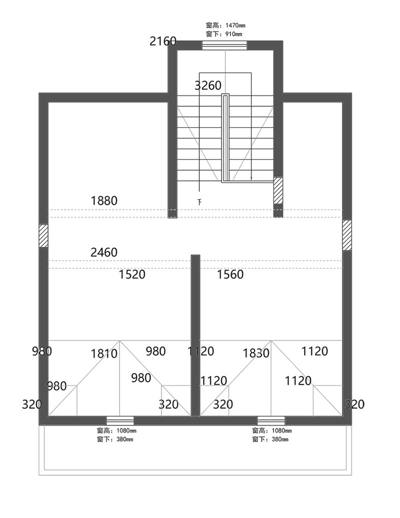 三楼原始户型图 因为三楼是阁楼空间，受层高限制，需要合理分配空间。