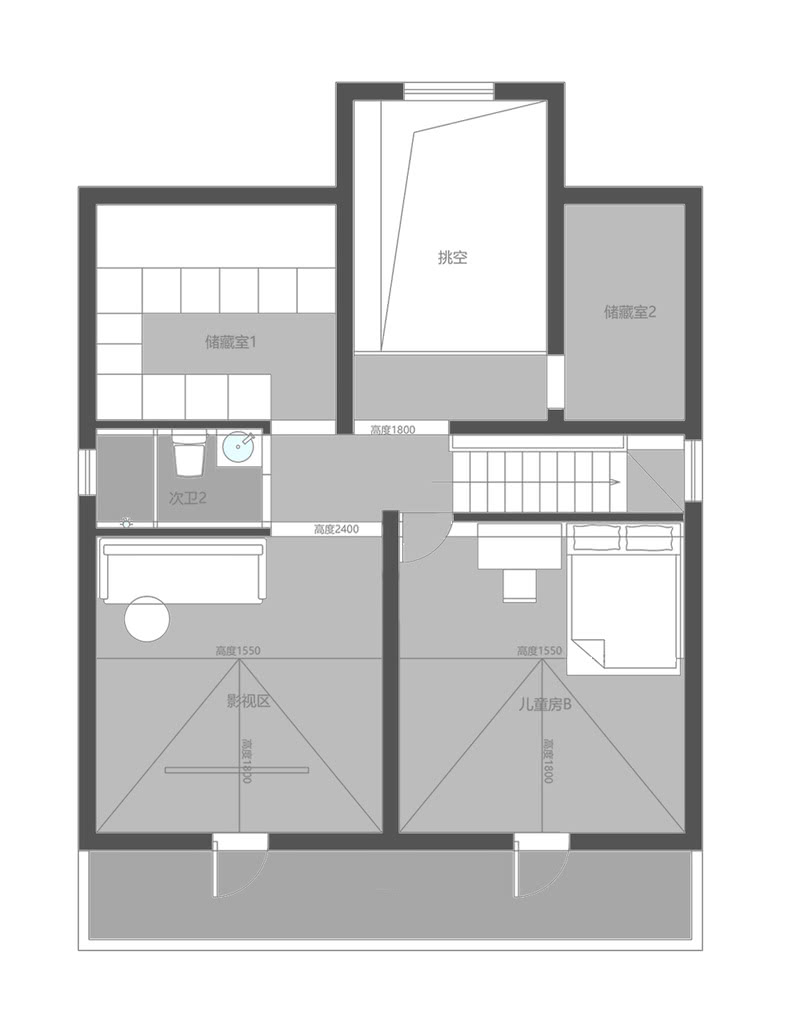 三楼改造后平面布局图 阁楼设计休息区、娱乐空间以及收纳空间。 
1、三楼改变原始楼梯后，与二楼书房空间做挑空处理，增加视觉效果； 
2、从楼梯上来，过道最高正常通过，过道尽头空间设计卫生间使用，对靠近露台的两个层高相对比较高的卧室，作为儿童房和休闲影视区使用，其他空间层高比较矮，作为储物空间使用。