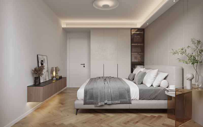 卧室采用灰色简约轻奢的风格，鱼骨拼的地板，加入了黑色的线条，精致与优雅完美呈现。
